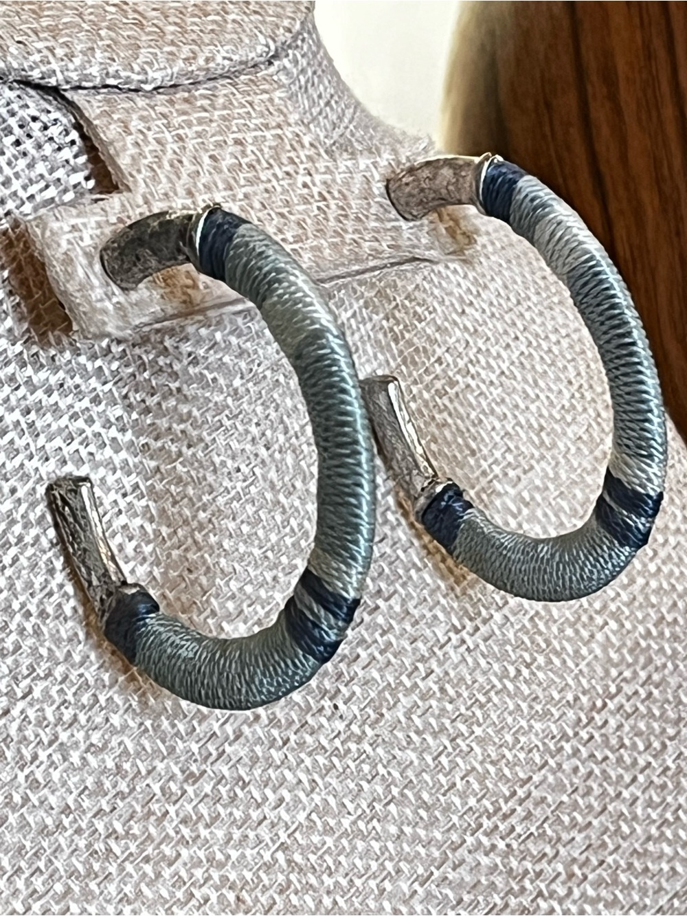 Wrapped Hammered Silver Hoop Earrings in Gray-Blue and Navy